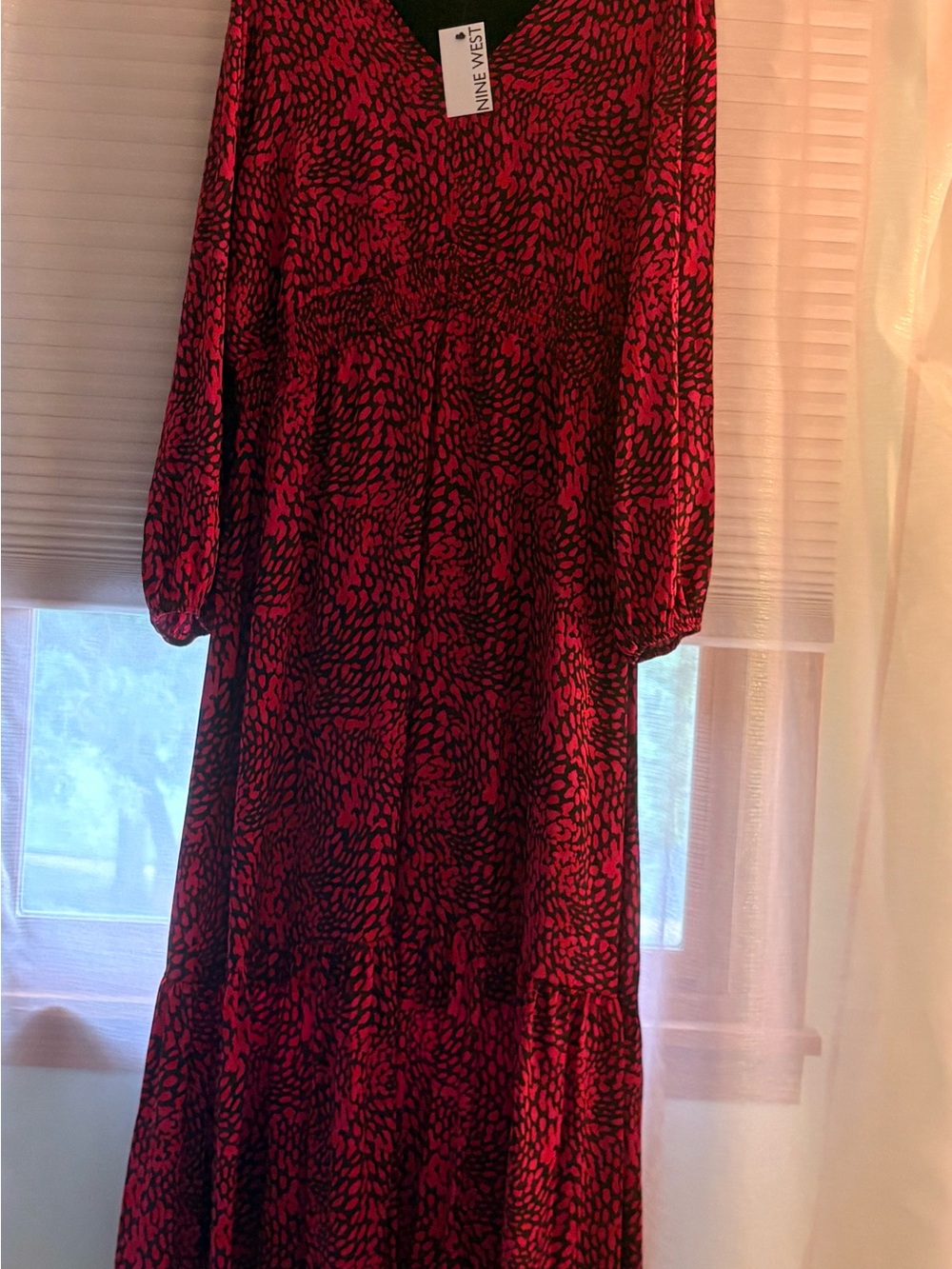 Nine West Red and Black Printed V-Neck Maxi Dress